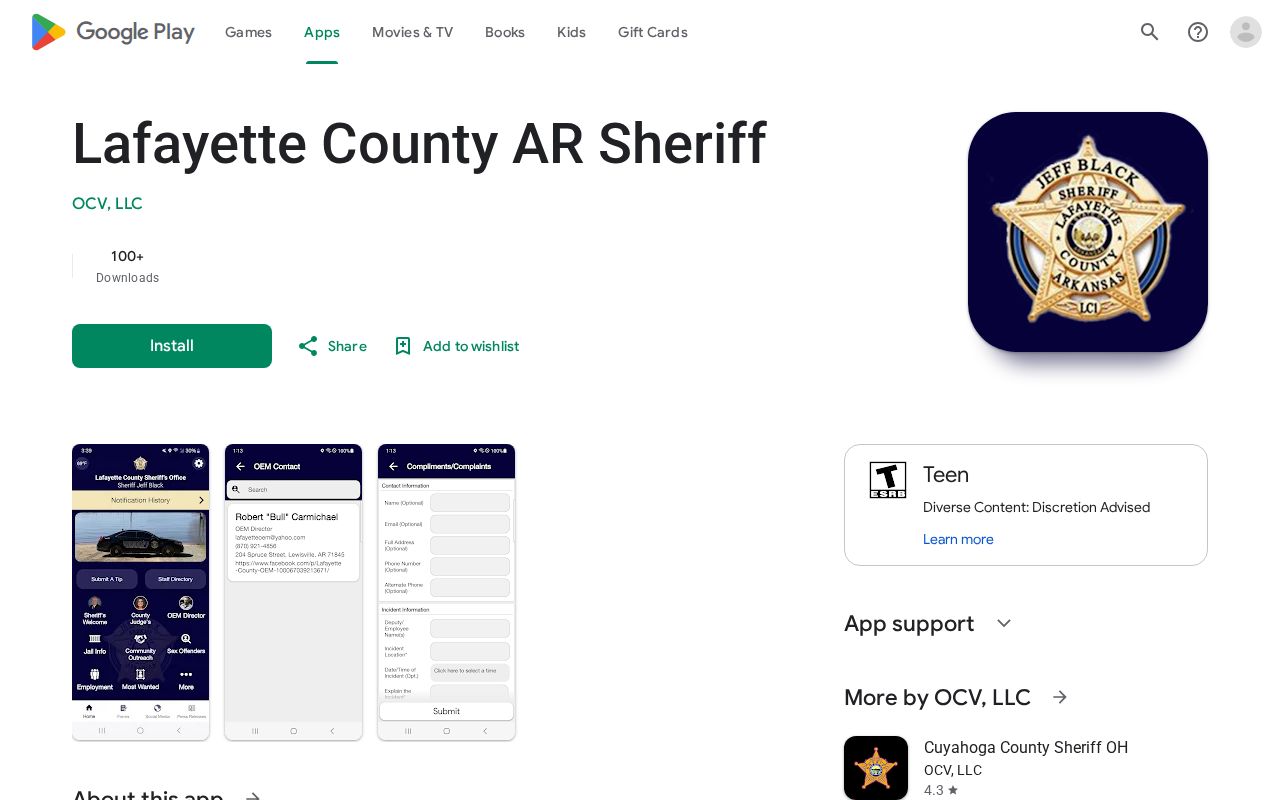 Google Play listing for Lafayette County Sheriff AR app access from Bradley
