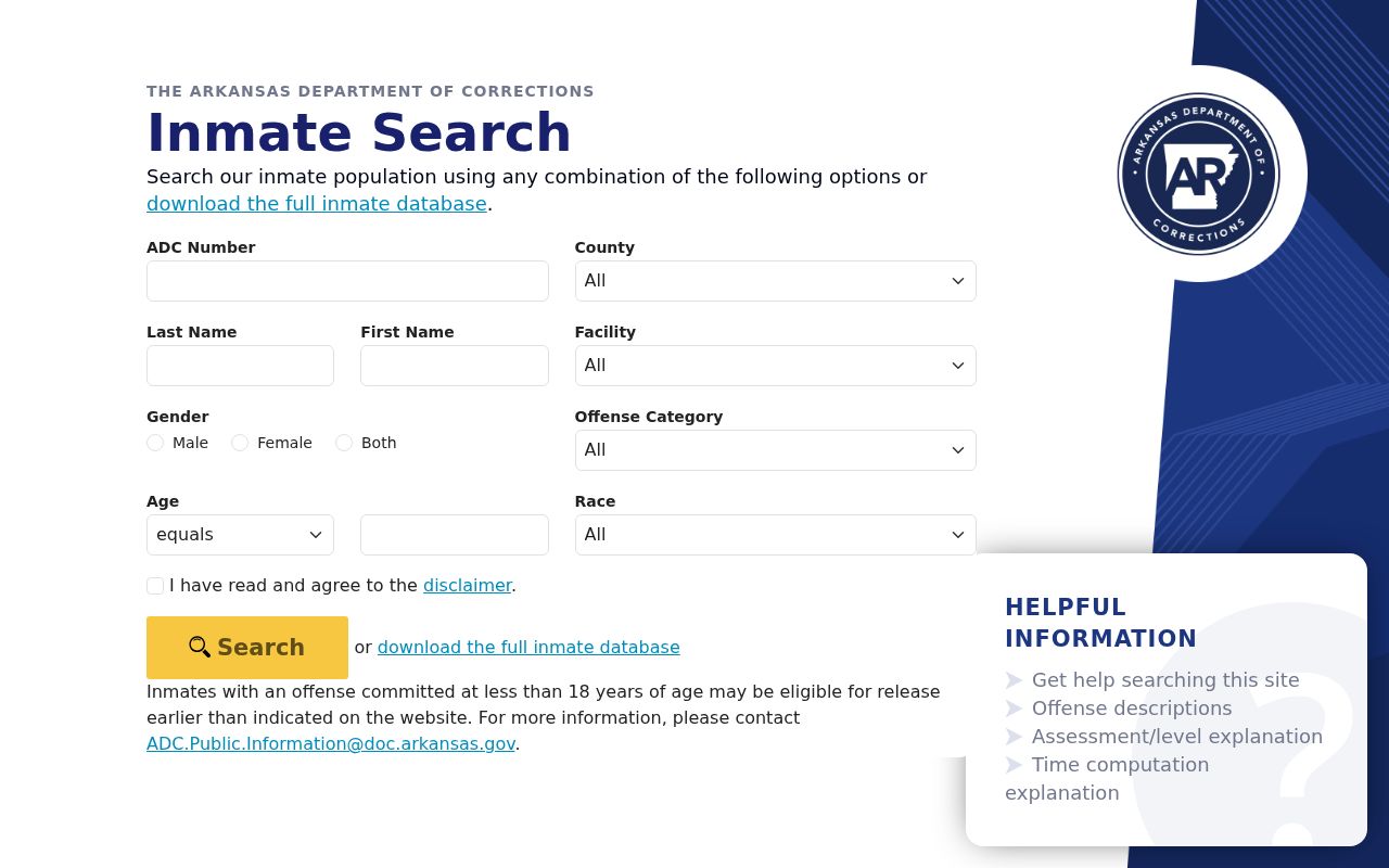 Arkansas Department of Corrections inmate search for a Bradley-origin conviction