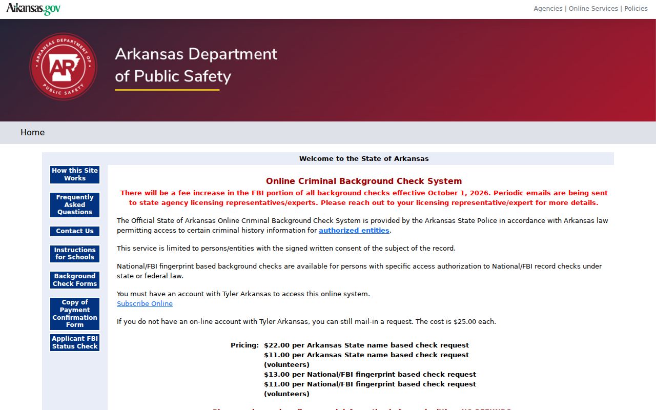 Arkansas Criminal History Search public portal used for Lafayette County record checks